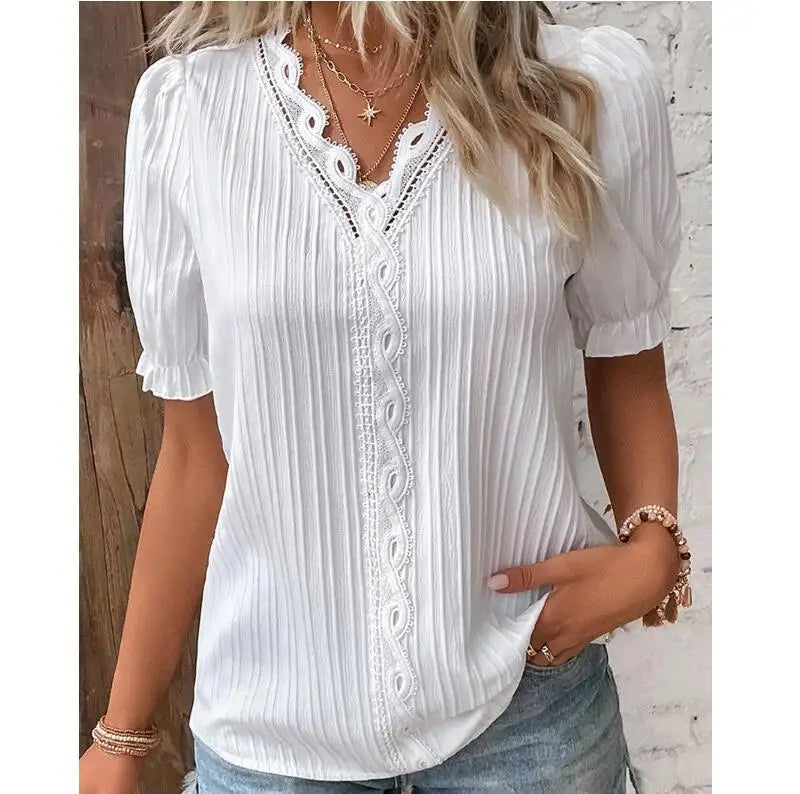 Women's Summer New Top Solid Sexy V-Neck Hollow Short Sleeve Shirt Fashion Splice Plus Size Blouse Loose Street Apparel