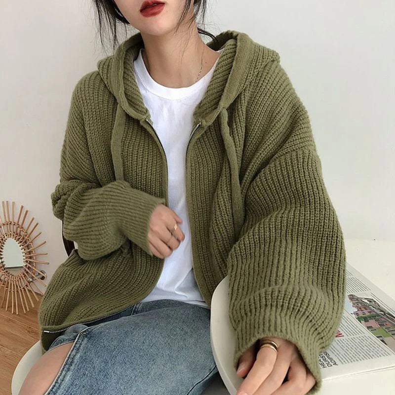 Knitted Sweater Women Cardigan Autumn Winter Thicken Warm Loose Oversized Sweater Coat Female Vintage Hooded Pocket Zip Knitwear