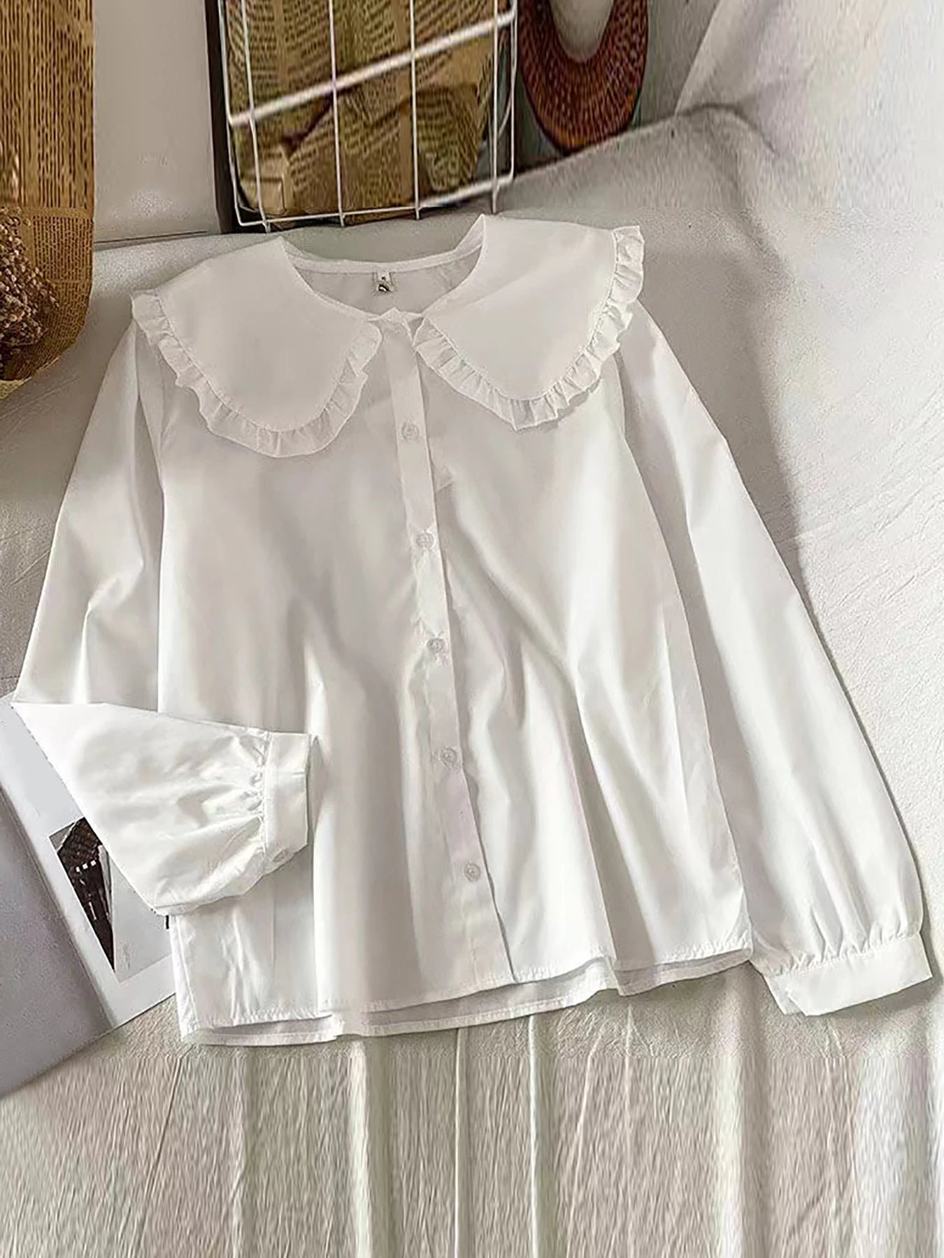 Long Sleeve White Shirt with Lace Trim and Peter Pan Collar for Women; Loose Inner Wear for Standalone Wear or with a Bl in a Pr