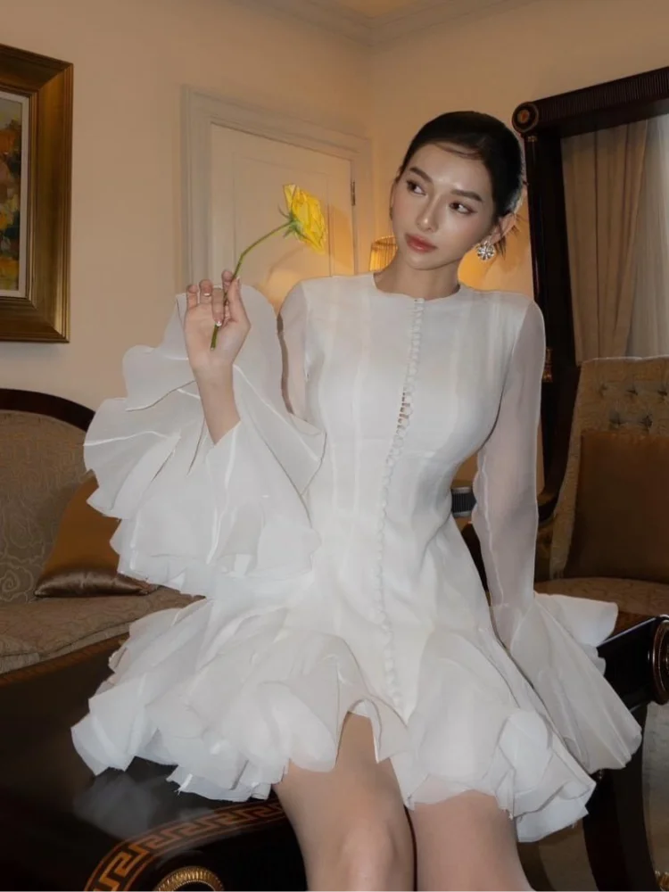 Puffy Flared Long Sleeve Dress Waist Cinched Round Neck Big Skirt Hem Party Gown French Slim Fit Fairy Short Dresses Summer New