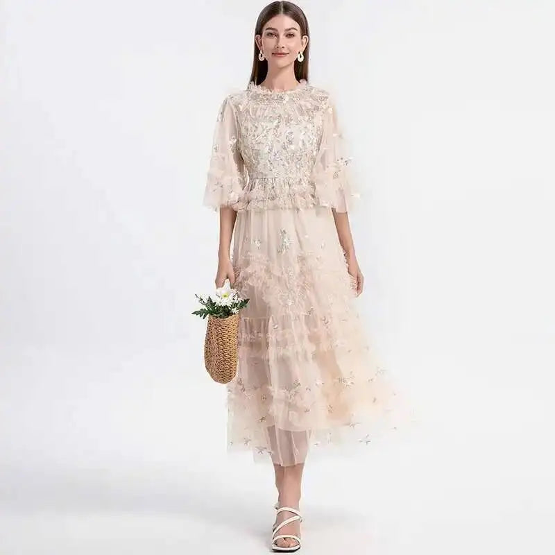 Runway Luxury Long Dresses Women 2026 Summer Holiday Embroidery Flower Ruffles Midi Party Evening Dress Lady Prom Vestidos